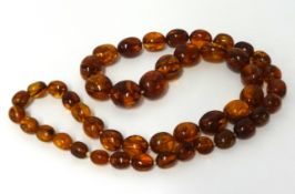 A dark amber necklace, set with 48 graduated beads, approx 62gms.
