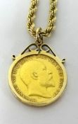 Edw VII 1907 gold half sovereign set in a pendant on a gold plated chain