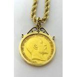 Edw VII 1907 gold half sovereign set in a pendant on a gold plated chain