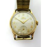 Record, a gents 9ct gold wristwatch with arabic numerals sub second dial, fifteen jewel movement