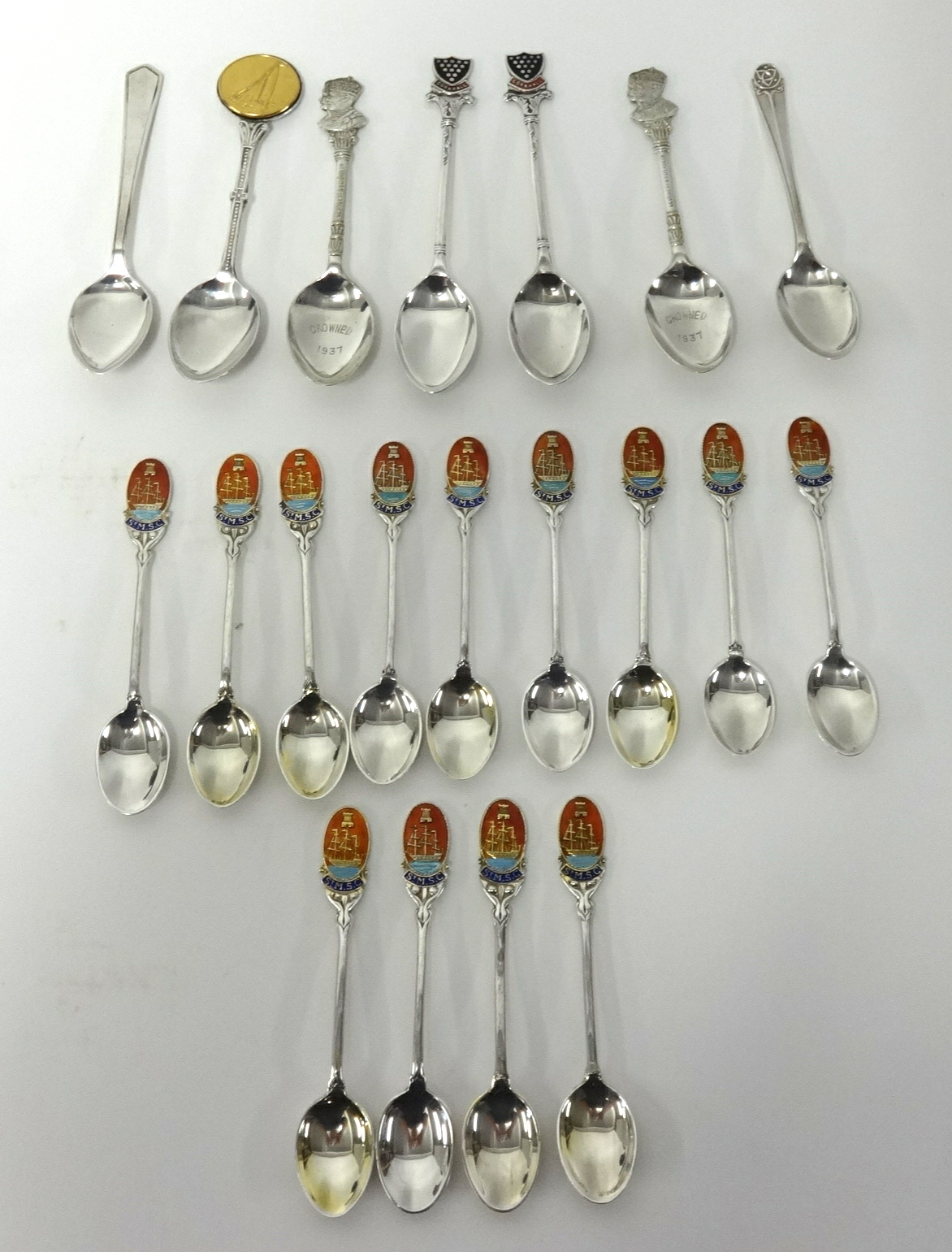 Thirteen silver and enamelled tea spoons, St.M S.C, also three other silver spoons and some EP