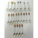 Thirteen silver and enamelled tea spoons, St.M S.C, also three other silver spoons and some EP