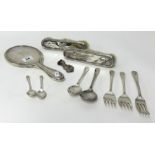 A three silver back dressing table set and some loose silver spoons, coin bracelet etc.