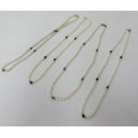 Four pearl style necklaces, set with coloured stones with gold clasps, stamped 585.