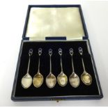 Set of six silver and enamel Arts and Crafts style tea spoons Sheffield, 'HW', in fitted case
