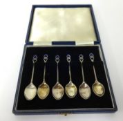 Set of six silver and enamel Arts and Crafts style tea spoons Sheffield, 'HW', in fitted case