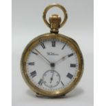 Waltham, a ladies 9ct gold open face fob watch, with keyless movement and subsidiary second dial.