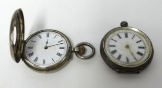 A silver and gilt enamelled fob watch also a half hunter silver fob watch, Goldsmiths Company,