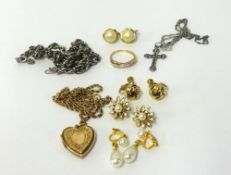 A 9ct channel set dress ring, and various 9ct gold and other earrings etc, also a 9ct locket on