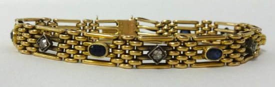 An antique 15ct gold bracelet set with six sapphires and five old cut diamonds, length 20cm,