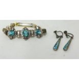 A Vintage stylish bracelet and a pair of drop pendant light blue stone earrings