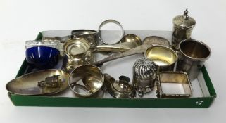 Various silver objects, condiments, napkin rings, etc, approx 13.75oz.