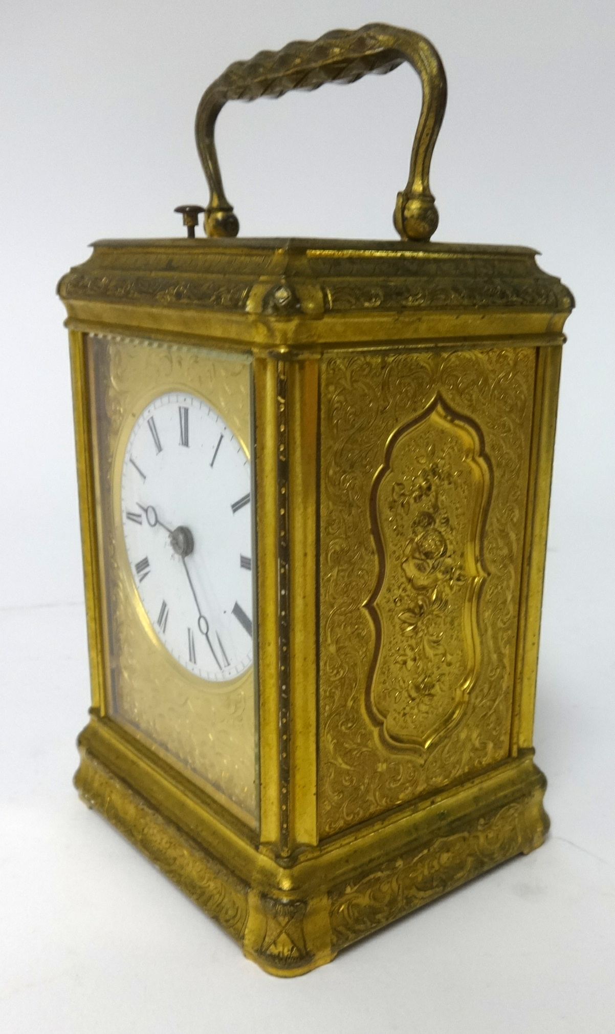 A 19th century gilt brass cased repeater carriage clock, key wind from back with platform - Image 3 of 4