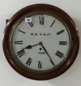A mahogany cased Railway dial clock, M & G.N. Jct (Junction)11598, with fussee movement, pendulum,