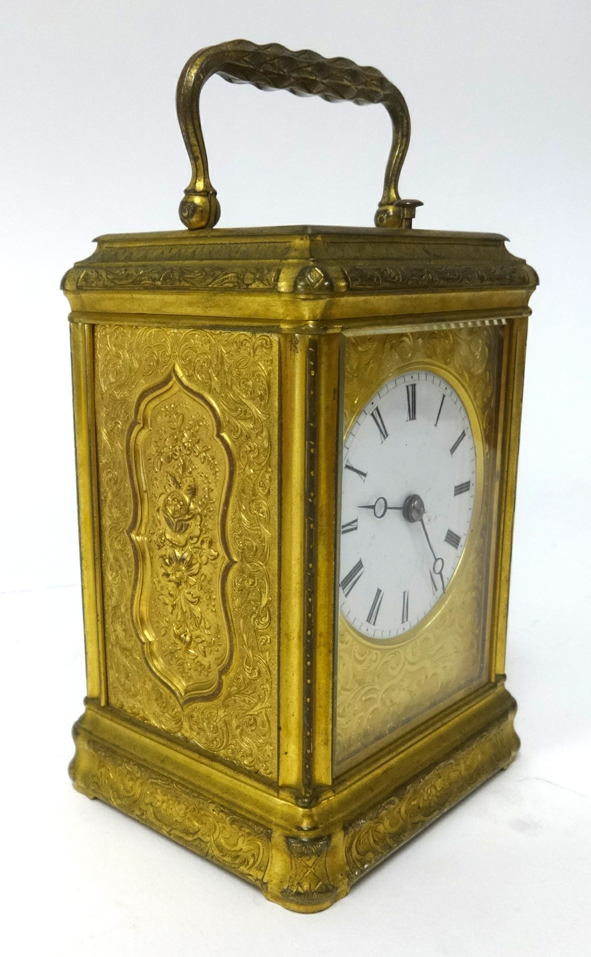 A 19th century gilt brass cased repeater carriage clock, key wind from back with platform - Image 2 of 4