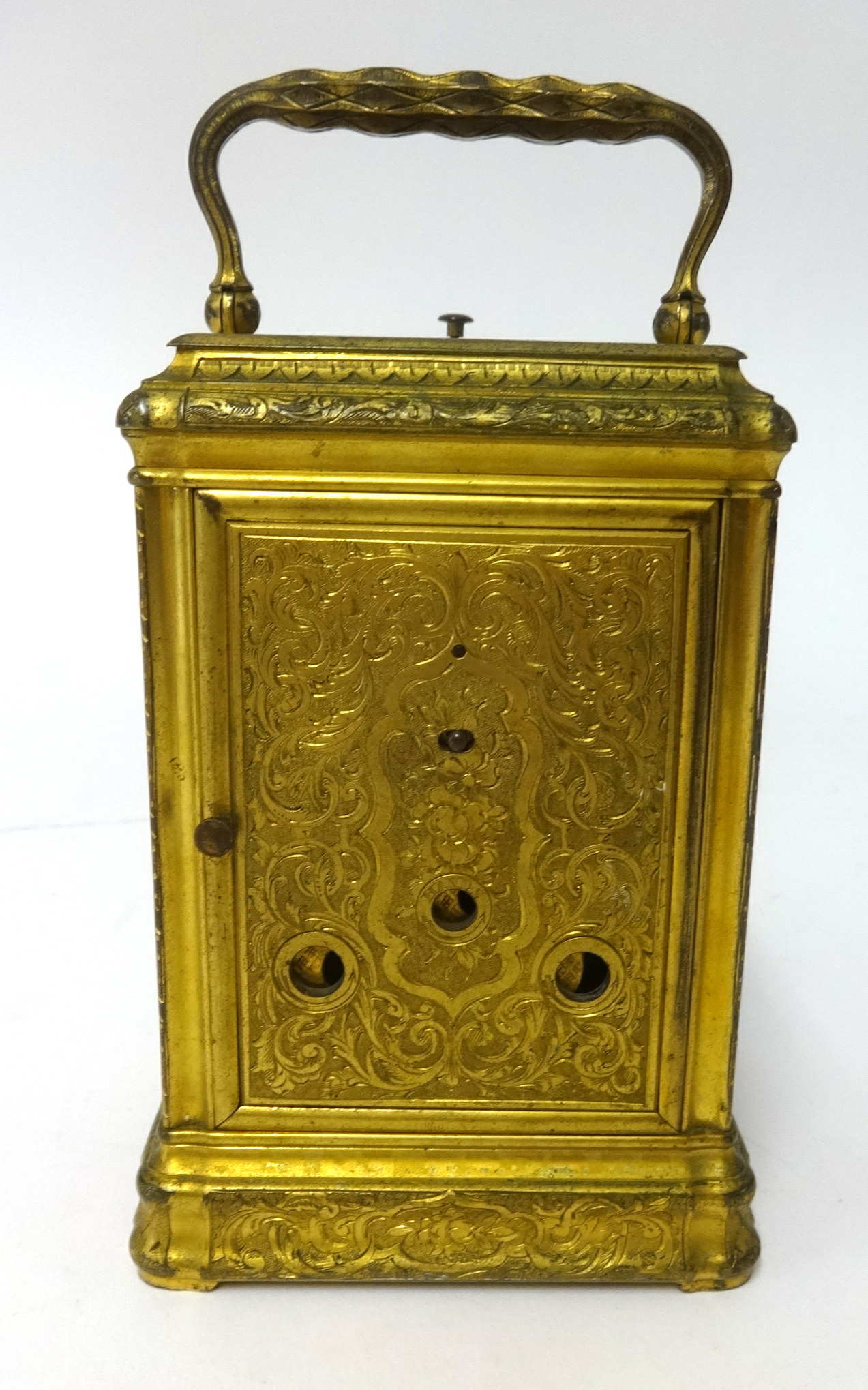 A 19th century gilt brass cased repeater carriage clock, key wind from back with platform - Image 4 of 4