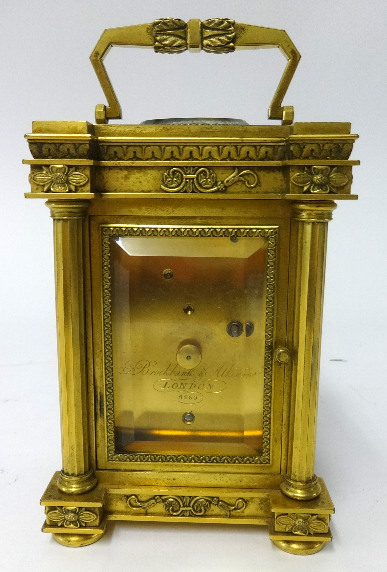 Brockbank & Atkins, London, an English brass cased carriage clock, key wind movement, with - Image 7 of 7