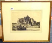 Henry Rushbury, engraving, castle scene with pencil signature., 20cm x 30cm