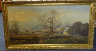 Donald Ayres (born 1936-), large signed oil on canvas, landscape scene., 49cm x 101cm