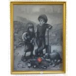 Barry Leighton Jones, signed oil on canvas, children, dog and red rose, 100cm x 74cm