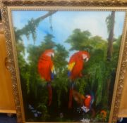 John Lawer, signed oil on canvas, 'Parrots', 77cm x 60cm