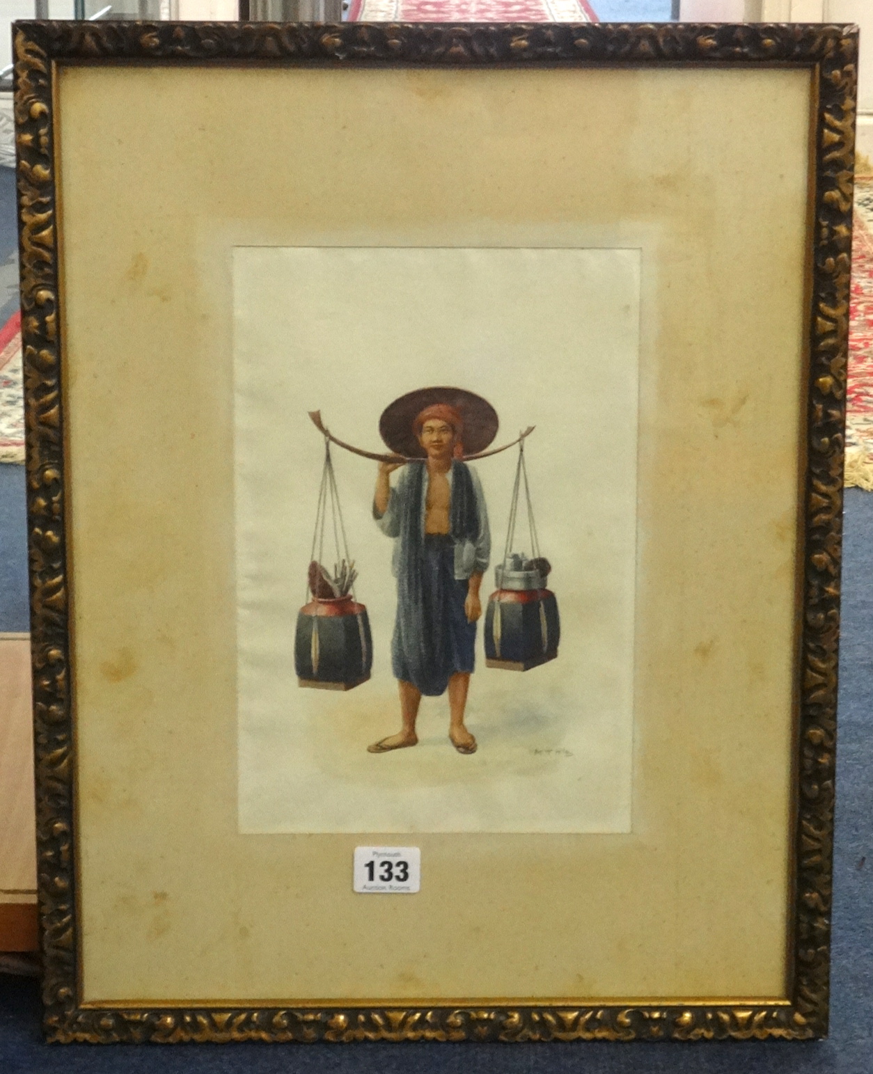 Mg Tun Hla (Burmese c. 1900) signed M.T Hla, watercolour, Chinese man with carrying paint brushes