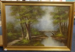 A modern signed painting, a traditional river scene, in gilt frame.