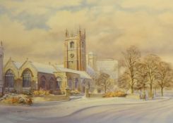 Clive Pryke (British, 1900-1979), signed watercolour, 'St Andrews Church, Plymouth in the Snow',