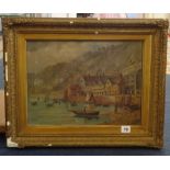 W.H.Way, 1908 signed oil on canvas, Harbour scene, Dartmouth? in gilt frame., 29cm x 39cm