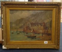 W.H.Way, 1908 signed oil on canvas, Harbour scene, Dartmouth? in gilt frame., 29cm x 39cm