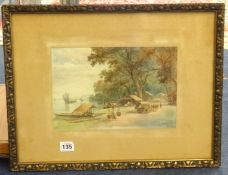 Mg Tun Hla (Burmese c. 1900) signed M.T Hla, watercolour, a traditional village with an Oxon and
