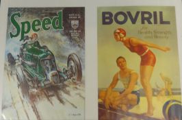 Two old advertising prints Bovril and Speed, British racing drivers, together with print of