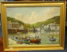 Sullivan Pugh, signed oil on canvas Cornish Harbour Scene with boats 'Annie, Fowey', 44cm x 60cm