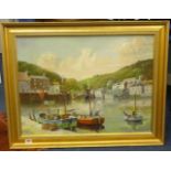 Sullivan Pugh, signed oil on canvas Cornish Harbour Scene with boats 'Annie, Fowey', 44cm x 60cm