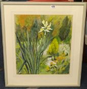 Gouache, 'Flowers', indistinctly signed, paper label verso, 'Tams', 43cm x 37cm.