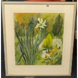 Gouache, 'Flowers', indistinctly signed, paper label verso, 'Tams', 43cm x 37cm.