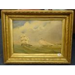 A 19th century marine scene, signed JH, indistinctly dated, oil on board in gilt frame, 35cm x 51cm