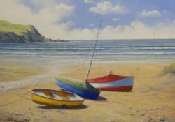 Nicholas Lewis, signed acrylic on canvas, 'Cornish Beach', unframed, 46cm x 61cm.