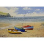 Nicholas Lewis, signed acrylic on canvas, 'Cornish Beach', unframed, 46cm x 61cm.