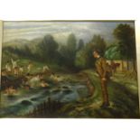 Unknown oil, 'Mr Huckle Fly Fishing', with inscription on the back 'Mr Huckle arrives at