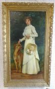G.Harston, signed oil on canvas full length portrait of a lady in traditional dress with a hand in