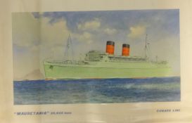 Four Cunard Line shipping prints, unframed, largest 35cm x 63cm