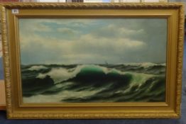 Lindon Partridge?, 1887 signed oil on canvas, shipping in stormy seas in gilt frame., 45cm x 75cm