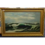 Lindon Partridge?, 1887 signed oil on canvas, shipping in stormy seas in gilt frame., 45cm x 75cm