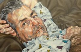 Jo Beer, oil on canvas 'Steve in that Bird Shirt' 2014, signed, 60cm x 90cm