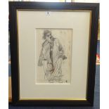 Robert Lenkiewicz (1941-2002), pencil drawing with paint stains possibly 1970's vagrant Terry