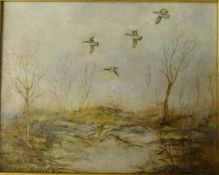 Signed oil on canvas 'Flying Geese', mounted in a faux bamboo frame.
