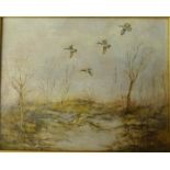 Signed oil on canvas 'Flying Geese', mounted in a faux bamboo frame.