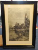 A large pair of traditional black and white country prints and another, the largest 60cm x 37cm.