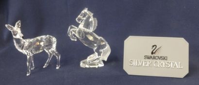 Swarovski Crystal Glass, Silver Crystal, collection of one deer and horse, boxed.